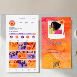 May include: An Instagram profile and business card design with a watercolor background in shades of orange and red. The Instagram profile displays a grid of photos and profile information. The business card features a photo and contact details.