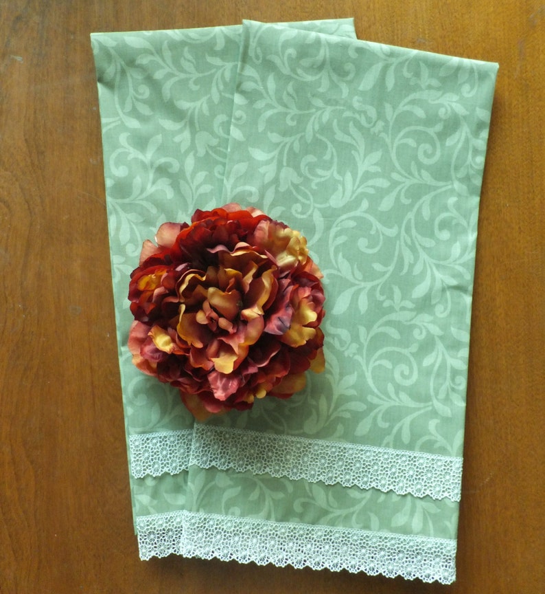 Soft Olive Green Tea Towels with Lace Set of 2