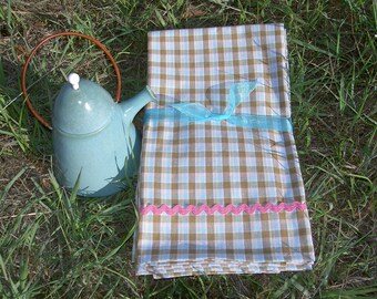Pastel Blue and Brown Homespun Cotton Dish Towels ~ Set of 2
