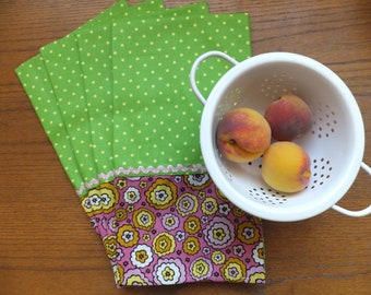 Green and Yellow Polka Dot Dish Towel Set of 2 with Pink Flowers