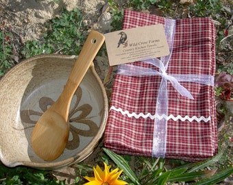 Rustic Maroon and Cream Homespun Cotton Dish Towels ~ Set of 2