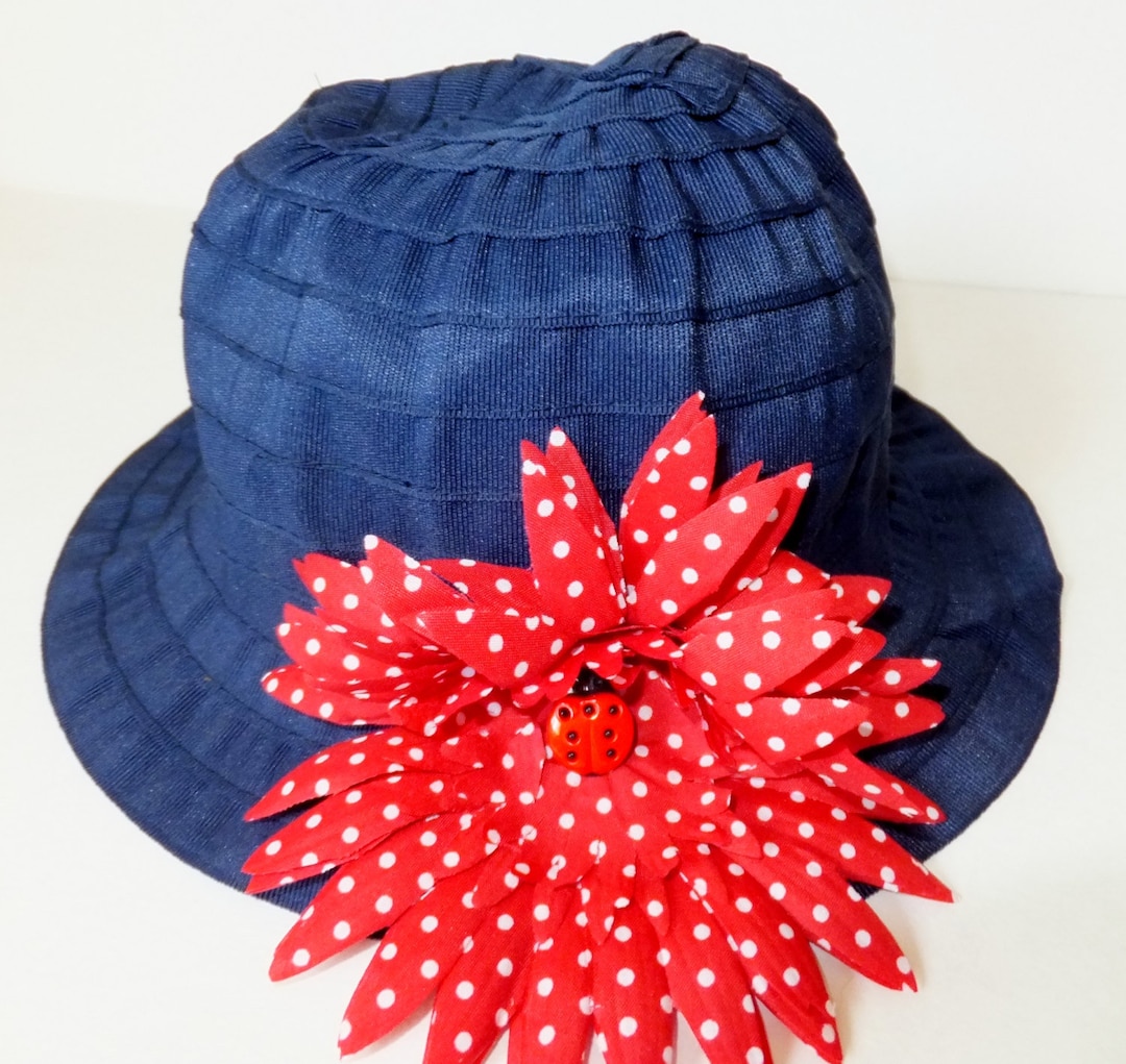 Navy Ribbon Sun Hat With Red With White Polka Dot Flower and Ladybug