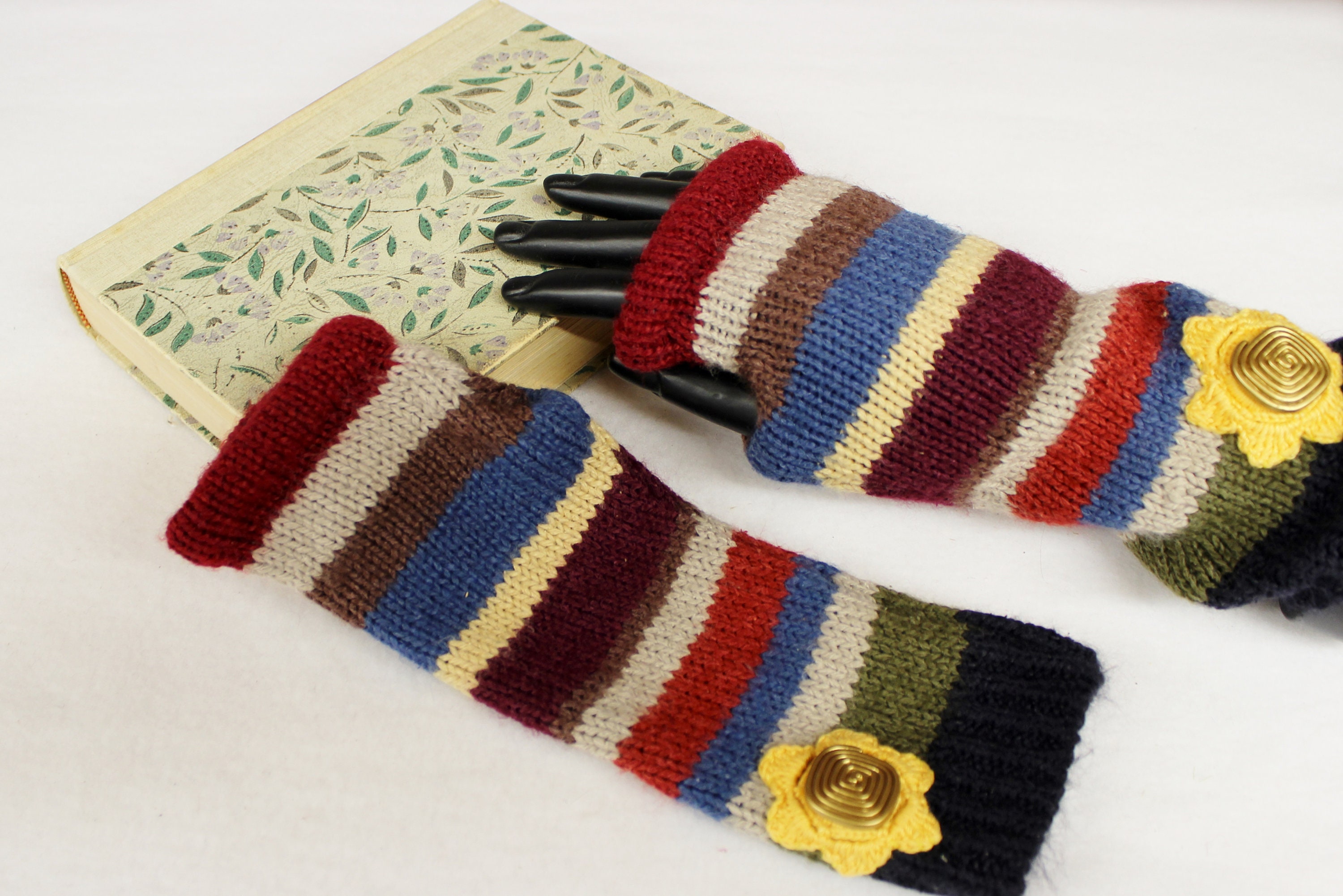 Striped Wool Knit Fingerless Gloves with Sunflowers