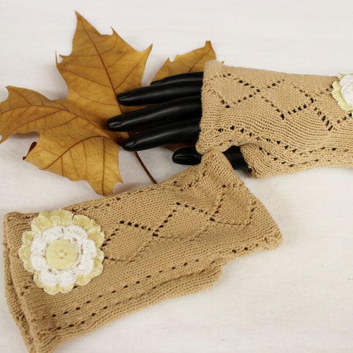 Fingerless Gloves Womens Arm Warmers Brown Winter Knit Gloves Etsy