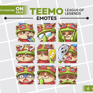 May include: Nine Teemo emotes from League of Legends, each featuring the character with different expressions. The emotes are in a grid layout, with text that says "Teemo Emotes" and "League of Legends". The image also includes social media icons.