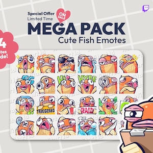 May include: A digital art print showcasing 24 cute fish emotes with diverse expressions. The image includes text that reads "MEGA PACK Cute Fish Emotes" and "Special Offer Limited Time ON SALE".