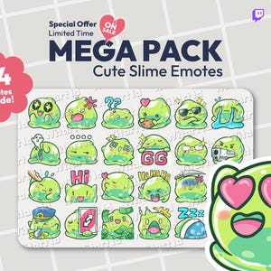 May include: A pack of 24 cute slime emotes in various expressions, including happy, confused, and sleepy. The text "MEGA PACK" and "Cute Slime Emotes" are displayed above the images. A pink flower-shaped graphic indicates "24 Emotes Inside!"