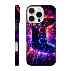 May include: A black phone case featuring a vibrant, neon-style graphic of a video game controller. The design incorporates a burst of purple, orange, and blue colors, with a dynamic, energetic aesthetic. The case also has a side view.