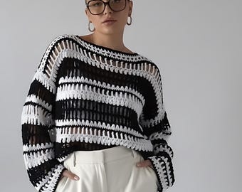 Patrón de crochet para suéter de verano de malla a rayas (PDF) / Top con hombros caídos / Términos de EE. UU. / Guía fácil de rayas / Hecho a medida