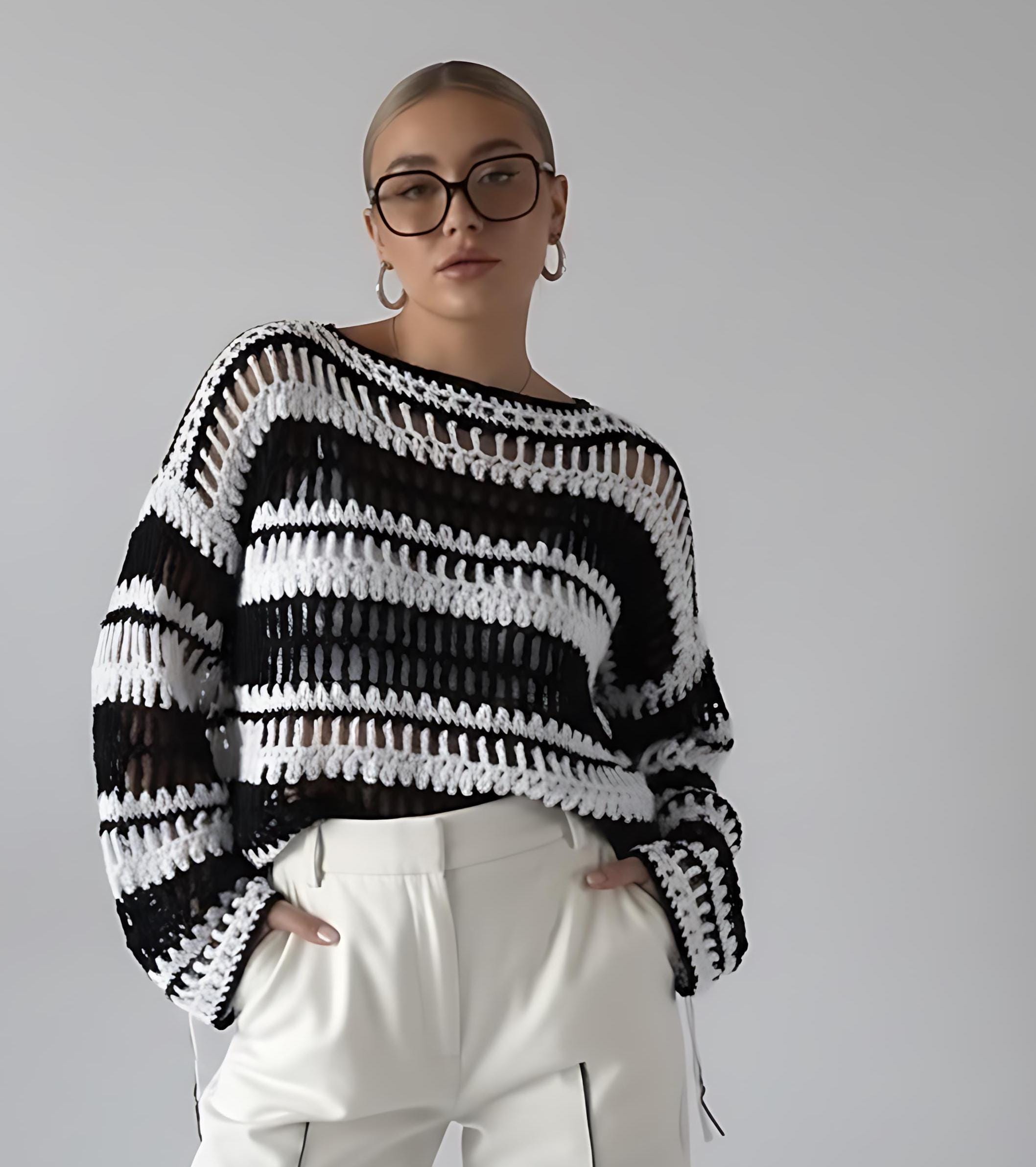 39 Mesh Sweater Crochet Patterns for Airy Layers, Pullovers, and Cardigans 39 Mesh Stripe Summer Sweater Drop Shoulder Top Easy Stripe
