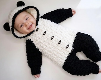 Patrón de crochet para mono de bebé panda / Pelele con capucha de 3 a 6 meses (PDF)
