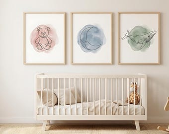 Juego de 3 láminas para habitación infantil, diseño de osito de peluche con ballena lunar, acuarela con líneas minimalistas, decoración neutra para pared de habitación de bebé.