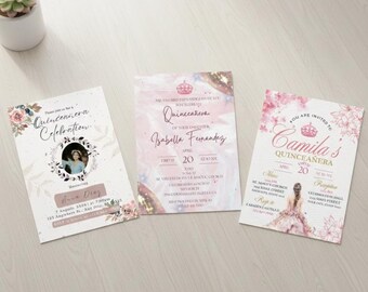 Paquete de plantillas de invitación para quinceañera / 3 invitaciones editables de Canva / Floral + mármol rosa / Imprimible 5x7