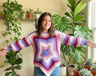 Patrón de suéter de estrella de crochet en PDF / Suéter grueso de estrella de 5 puntas / Términos de EE. UU. / Tallas S-XL + Consejos para tallas grandes / Suéter de rayas de colores fácil de tejer