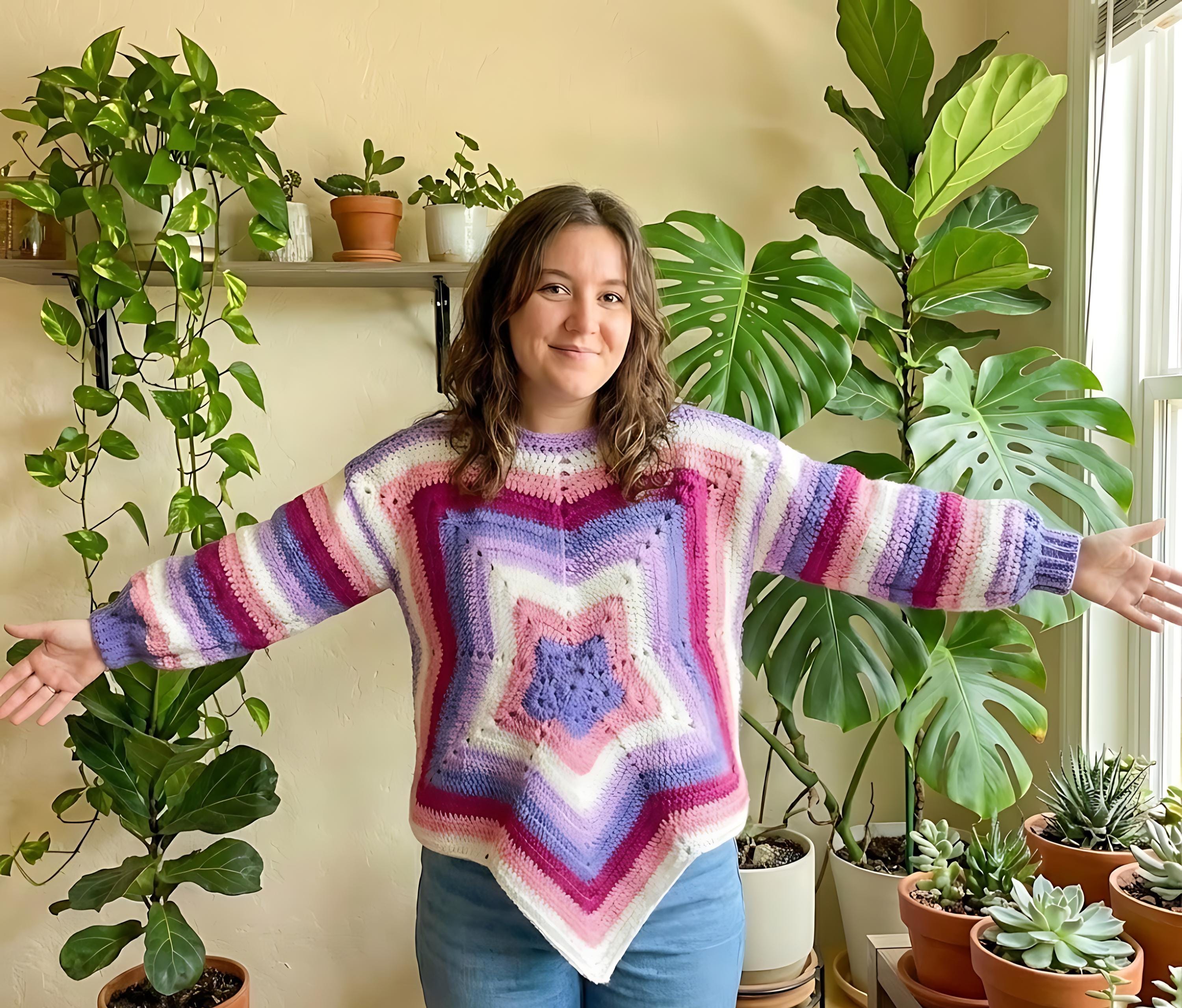 40 Plus Size Crochet Patterns for Stylish, Comfortable Wearables 27 Crochet Star Sweater Chunky 5-Point Star Pullover Sizes