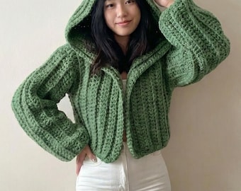 Patrón de sudadera con capucha de crochet grueso, cárdigan con capucha extragrande, patrón de suéter fácil para principiantes, chaqueta corta con mangas globo, hilo supergrueso (PDF)