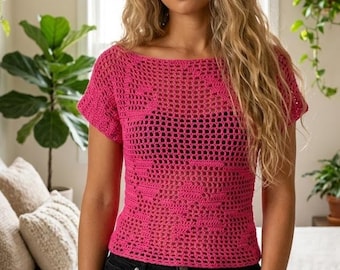 Filet Crochet Top PDF Pattern | Sleeved Crop Top Crochet Pattern | Customizable Fitted Filet Mesh Blouse | Intermediate | US Terms