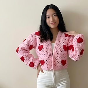 Heart Granny Square Cardigan Crochet Pattern PDF (US Terms) | Modular Size-Adjustable Sweater | Step Photos + Layout Guide