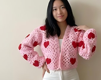 Patrón de crochet para cárdigan cuadrado de abuela con corazón (PDF, términos de EE. UU.) / Suéter modular ajustable / Fotos paso a paso + Guía de diseño