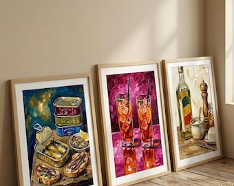 Juego de 3 cuadros de cocina mediterránea, láminas de aperitivos, sardinas, tapas y cócteles, pósteres coloridos de comida.