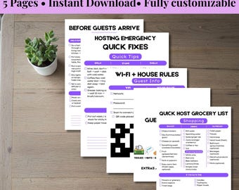 Kit imprimible de último minuto para anfitriones / Lista de verificación para antes de la llegada de los invitados + Tarjeta de Wi-Fi + Lista de compras / Letrero para baño de invitados / Descarga instantánea