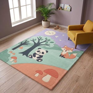 Hand Tufted Wool Rug Woodland Animal Nursery Rug Panda Fox Kids Room Playroom Area Carpet Decor