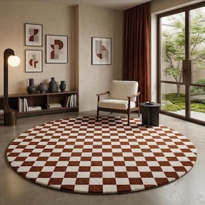 Hand Tufted Wool Rug Round Checkered Pattern Rust Ivory Modern Geometric Area Carpet Decor