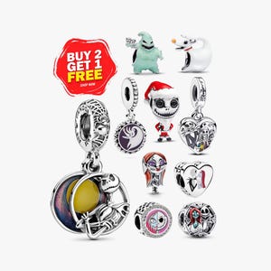 May include: A collection of silver charms featuring characters from The Nightmare Before Christmas, including Jack Skellington, Sally, Zero, and Oogie Boogie. The charms include dangle and bead styles with enamel details and a red promotional graphic.