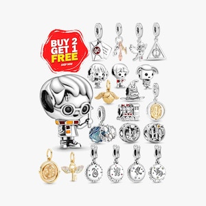 May include: A collection of silver and gold-toned metal charms featuring various fantasy-themed characters and symbols, including a large figure with glasses, a train, a golden snitch, a sorting hat, and circular pendants with engraved animal motifs.