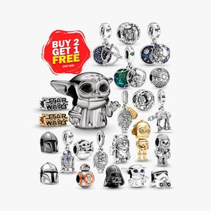 May include: A collection of Star Wars themed metal charms and beads featuring iconic characters like Grogu, C-3PO, R2-D2, Darth Vader, and Chewbacca, alongside symbols like the Death Star and Millennium Falcon, with a red promotional graphic.