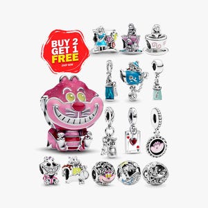 May include: A collection of silver charms featuring characters and motifs from Alice in Wonderland, including a large pink Cheshire Cat charm, teapots, playing cards, keys, and various round beads with colorful enamel details and engraved patterns.