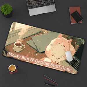 Cozy Cat Desk Mat | Messy Bun Getting Stuff Done Laptop Mousepad (16"x32")