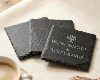 Schiefer-Untersetzer mit Wunschgravur - Personalisiertes Geschenk (z.B. Namen, Hochzeitsdatum, Logo) - Naturstein, 10x10 cm