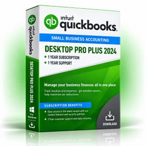 May include: A green and white software box for Intuit QuickBooks Desktop Pro Plus 2024. The front features the text Small Business Accounting, 1 Year Subscription, 1 Year Support, and subscription benefits. The side panel also displays the product name.