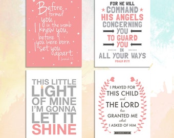 This Little Light. I prayed for this child.  Nursery Decor Bundle. Pink theme. Set of 4. 8x10. Printable Christian Bible Verse. Baby shower.