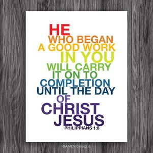 Philippians 1:6. Carry to Completion. Rainbow Version. 8x10in. DIY. Printable Christian Poster. Bible Verse. Amen Designs. image 2
