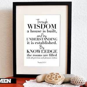 Printable Christian Poster. Proverbs 24:3-4. Wisdom. Understanding. Knowledge. 8x10. DIY. Bible Verse. image 1