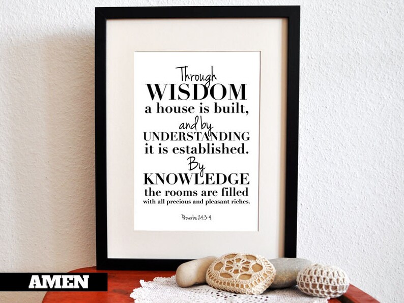 Printable Christian Poster. Proverbs 24:3-4. Wisdom. Understanding. Knowledge. 8x10. DIY. Bible Verse. image 1