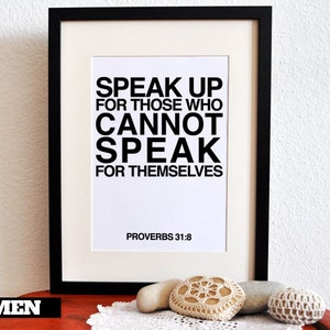 Proverbs 31:8. Speak Up. Printable DIY Christian Poster. PDF. Bible Verse. image 1