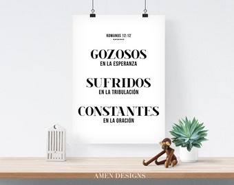 Gozosos, sufridos, constantes.Romanos 12:12. Spanish. Romans. DIY. PDF. 8x10 Printable Scripture Poster.