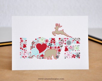 Printable Christmas Cards. Love. Joy. Happy Holidays. Xmas. Print on A4 or Letter size paper.