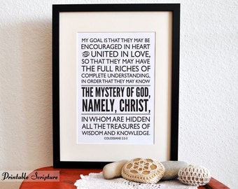 Printable Christian Typography Art. Colossians 2:2-3. The Mystery of God. 8x10. Bible Verse.