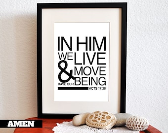 Acts 17:28. In Him We live. PDF. Printable DIY Christian Poster. Scripture.Bible Verse.