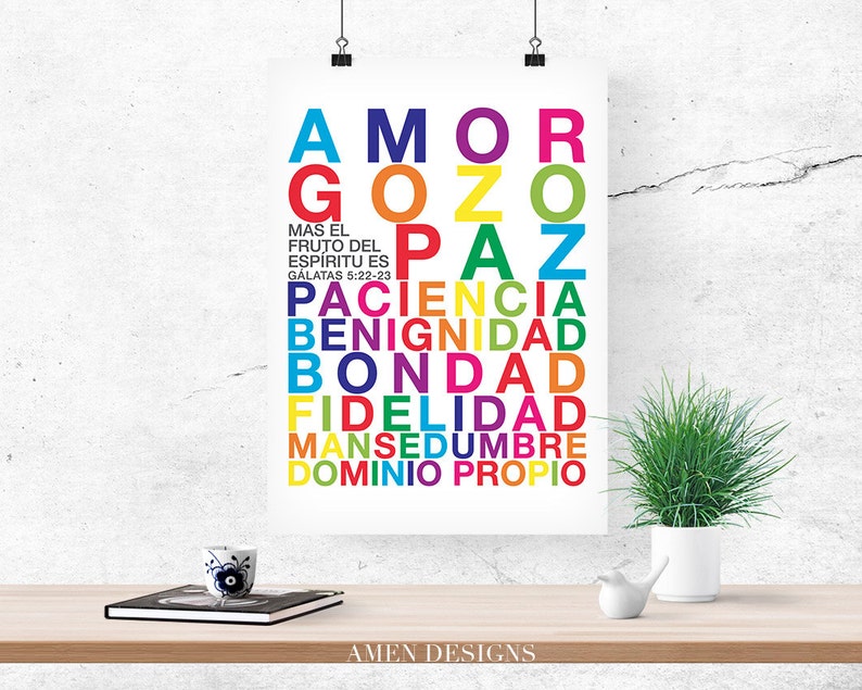 Fruto del Espiritu. Spanish. Fruit of the Spirit. Galatians 5:22-23. PRINTABLE DIY Christian Poster. Nursery Decor. 8x10. Bible Verse. image 1