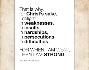 Printable Christians Scripture Print. 2 Corinthians 12:10. Strength and Weakness. 8x10in. DIY. Bible Verse.