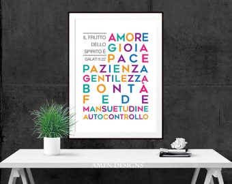 Il frutto dello Spirito. Italian. Fruit of the Spirit. Color. Galatians 5:22. PRINTABLE DIY Christian Poster. 8x10. Bible Verse.