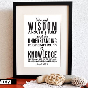 Printable Christian Poster. Proverbs 24:3-4. Wisdom. Understanding. Knowledge. San serif version. 8x10. DIY. Bible Verse. image 1