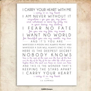 i carry your heart. e. e. cummings Poem. Printable Design. 29x39cm. Or A3. DIY. PDF.