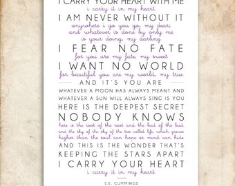 i carry your heart. e. e. cummings Poem. Printable Design. 29x39cm. Or A3. DIY. PDF.