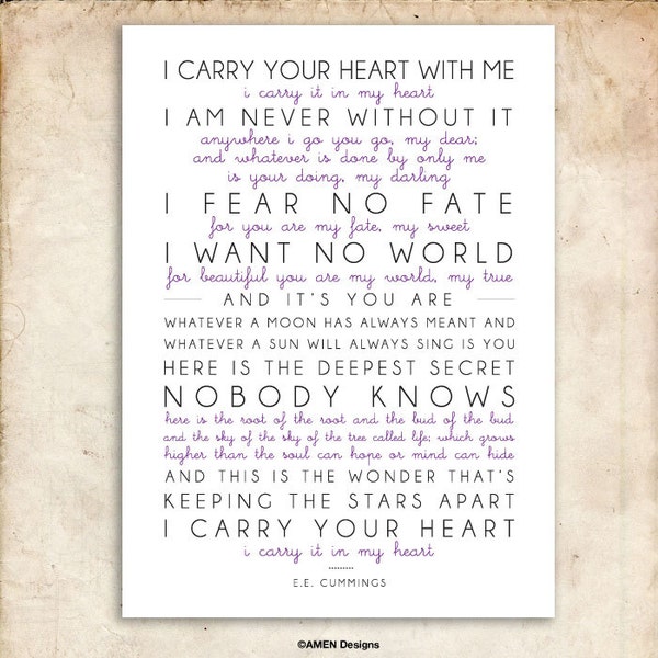 i carry your heart. e. e. cummings Poem. Printable Design. 29x39cm. Or A3. DIY. PDF.